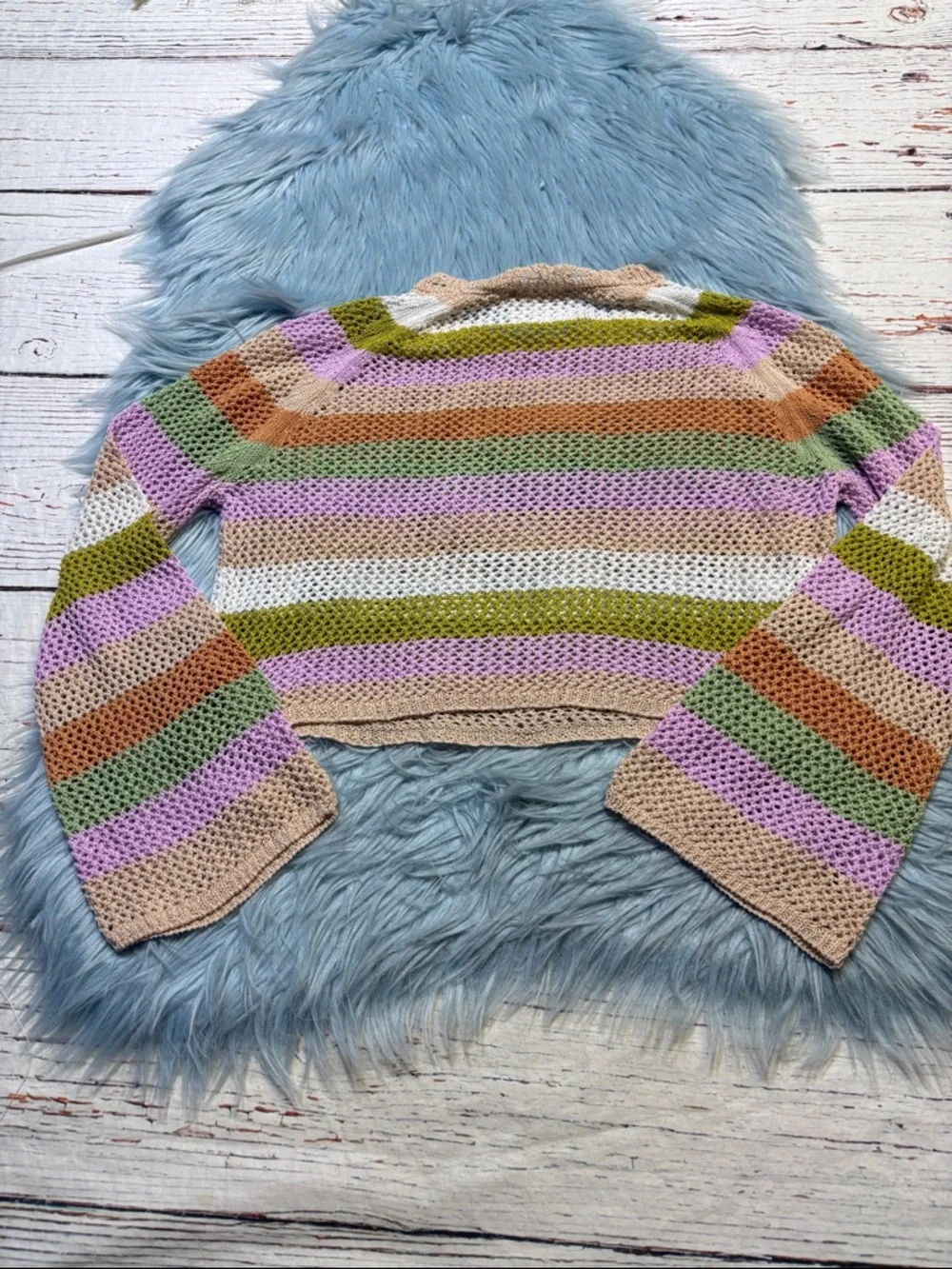 Zara Kids Striped Crochet Crewneck Flare Sleeve Sweater sz 13/14
